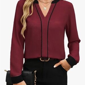 NWT Elegant Wine Red Blouse with Black Accents